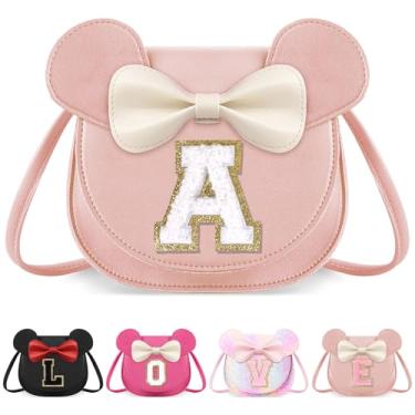 Imagem de izuzta Bolsa infantil para crianças 1 2 3 4 5 6 7 8 anos de idade bonito mouse orelha laço bolsa transversal presente de aniversário, Grande/bolsa rosa/letra branca, A, A