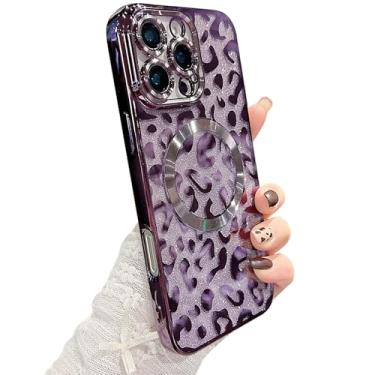 Imagem de ZONRW Capa magnética para iPhone 16 Pro Max, macia, fofa, luxuosa, estampa de guepardo, com glitter, brilhante, compatível com MagSafe, capa traseira transparente à prova de choque para mulheres