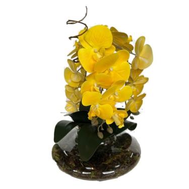 Imagem de Arranjo de Flores Artificiais de Silicone em Vaso de Vime Orquídeas (Amarelo)