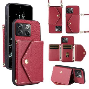 Imagem de Dibosom Capa carteira minimalista para OnePlus 10T 5G/One Plus Ace Pro com alça de ombro, bolsa flip fina e fina, suporte para cartão de crédito de couro PU para On 1Plus 1 + Plus10T 1+ AcePro Red