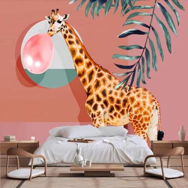 Imagem de Lcythiazole Papel de parede mural de girafa de tamanho personalizável, mural de papel de parede doméstico, balões de sopro de girafa de fundo rosa, para sala de estar e quarto infantil