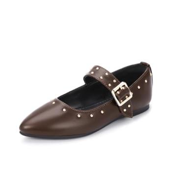 Imagem de PANDANINJIA Sapatos sociais femininos Mary Jane Sapatilhas de balé cravejadas para meninas, bico fino, criança pequena, grande, florista, festa formal, sapatos de casamento, Darkbrownpu, 11 Little Kid