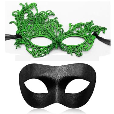 Imagem de Aqearl Couple Masquerade Mask for Women Men Venetian Mask Halloween Mask for Party Prom Ball Costume Lace Masks (Green Set)