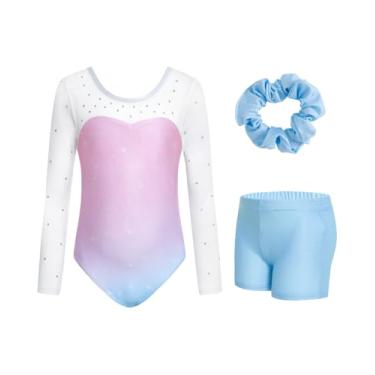 Imagem de JiAmy Collant para meninas, ginástica, manga comprida, com shorts de balé para 3 a 12 anos, Conjunto gradiente rosa azul, 5-6 Anos
