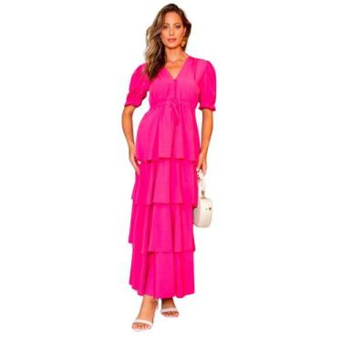 Imagem de Vestido feminino longo manga curta liso com babados na saia romantica 