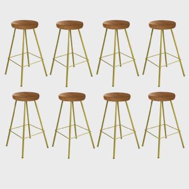 Imagem de Kit 08 Banqueta Alta Lanzzi Eiffel Rústico Cozinha Bar Balcão Bistrô Ferro Dourado Madeira Maciça Peroba - Ahz Móveis