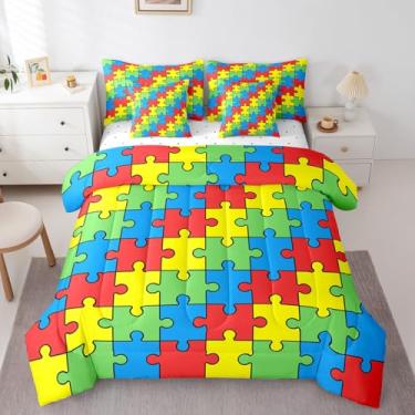 Imagem de Feelyou Jogo de cama infantil com blocos coloridos engraçados, geométricos, abstratos, peças de jogo, fractal, passatempo, para decoração de quarto