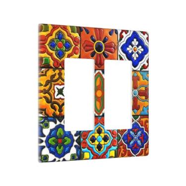 Imagem de Wpshijia Placa de interruptor mexicana Talavera padrão de cerâmica 2 gangues duplo balancim / decoração de interruptor de luz decorativa placa de parede placa frontal elétrica banheiro casa sala de