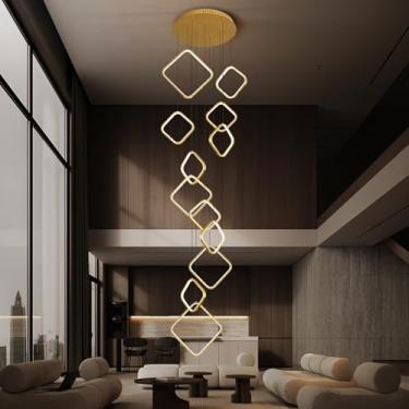 Imagem de CHYING Lustre Moderno Dourado De 12 Luzes, Teto Alto, 78,7 Pol., Altura Ajustável, Led, Controle Remoto, 3000K-6000K, Luminária De Escada Grande Para Sala De Estar, Hall De Entrada