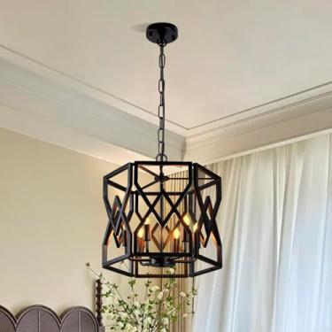 Imagem de BAYSQUIRREL Lustre De Ferro Preto Com 6 Lâmpadas, Luminária Pendente Rústica Tricolor Em Formato De Gaiola Com Borda Hexagonal, Luminária Pendente Industrial Com Altura Ajustável E Base E12 Para Ilh