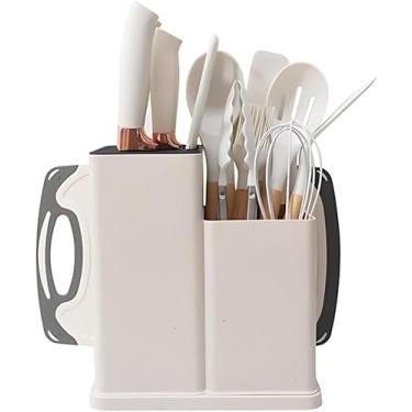 Imagem de Utensilios para Cozinha Silicone Kit com 19 Peças Cabo Madeira Conjunto Completo Espátula Concha Colher Jogo Suporte Faca Antiaderente Tabua Tesoura Faqueiro. (BRANCO)