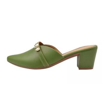 Imagem de Mule Scarpin Verde Salto Alto Grosso Lacinho Sapato Bico Fino Casual F