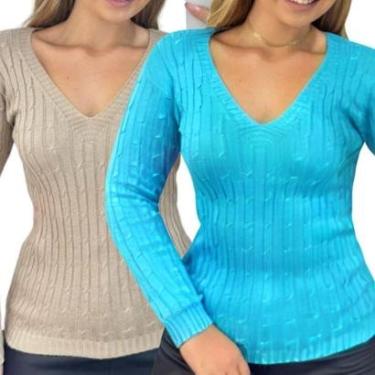 Imagem de Kit 2 Blusas Femininas Industrie Suéter Malha Tricô e Turquesa Manga Longa Tamanho:Único;Cor:-Feminino