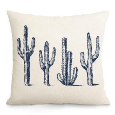 Imagem de AOFANGGO Capa de almofada de cacto azul marinho 45,7 x 45,7 cm com inspiração sudoeste para decoração de almofada para sala de estar e fazenda