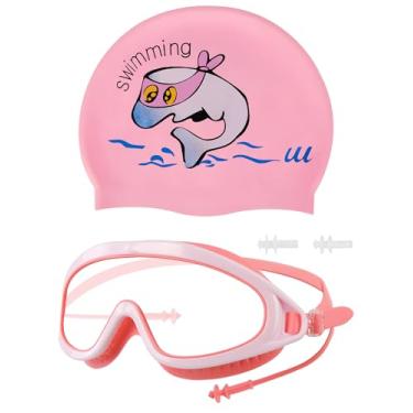 Imagem de Óculos de natação infantil com touca de natação, conjunto de toucas de natação para meninas e meninos, anti-nevoeiro anti-UV para crianças OGY03_Rosa/Branco/Golfinho rosa