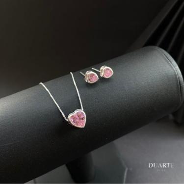 Imagem de Conjunto Colar Brinco Feminino Prata Coração Brilhante Rosa 925 - Duar