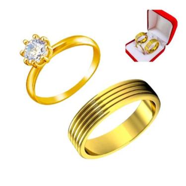 Imagem de Aliança 6mm Banhada Ouro 18k Friso Anatomica + Solitario 2mm Pedra Bra