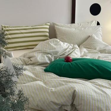 Imagem de MKXI Conjunto de capa de edredom listrado francês solteiro - 3 peças de roupa de cama estética vintage, 100% algodão lavado, listras verticais amarelas e brancas, fecho de zíper e laços de canto