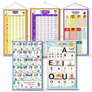 Imagem de Kit 5 Painéis: Vogais - Sílabas Simples - Sílabas Complexas - Tabuada 