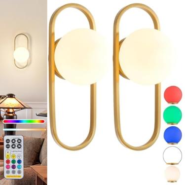 Imagem de Conjunto de duas luminárias de parede de estilo clássico, luzes de parede operadas por bateria com controle remoto, decoração de lâmpada de parede sem fio com abajur de tecido, luminária de cabeceira.