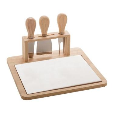 Imagem de Jogo Para Queijo Tabua De Bambu E Cerâmica Com 3 Utensílios De Aço Ino