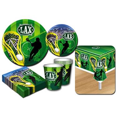 Imagem de Conjunto de suprimentos de festa de luxo Lacrosse (LAX) para 20 pessoas, inclui 20 pratos grandes, 20 pratos pequenos, 20 guardanapos, 20 xícaras e 2 capas de mesa – Perfeito para o jogo ou aniversário (82 peças no total)