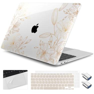 Imagem de Yebiseven Capa para MacBook Air de 13 polegadas M1 2021 2020 2019 2018 modelo A2337/A2179/A1932, capa rígida para laptop com capa de teclado e protetor de trackpad e 2 adaptadores OTG, floral dourado