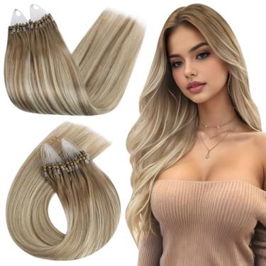 Imagem de Ugeat Extensões de cabelo humano Balayage Micro Link para mulheres ombré marrom claro micro contas extensões de cabelo loiro platinado sem necessidade de cola para festa 40,6 cm 50S 50G