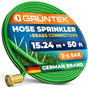 Imagem de GRÜNTEK Aspersor de mangueira de 15 metros – Sistema de irrigação de jardim resistente que economiza água | 3 canais de água e conectores de latão para gramado e canteiros de flores