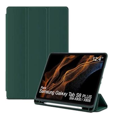 Imagem de Capa Tablet flip para Samsung Galaxy Tab S8+ PLUS SM-X800 SM-X806 Smart pen 12.4 polegadas resistente aveludada compatimento caneta Case capinha Anti Impacto Suporte Pencil - Alamo (verde)