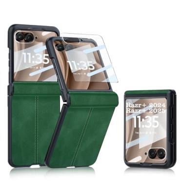 Imagem de YuetWay Capa de couro para Motorola Razr+ 2024 com protetor de tela externo integrado com dobradiça, capa ultrafina com absorção de choque e anti-impressões digitais para Moto Razr Plus/50Ultra(verde,