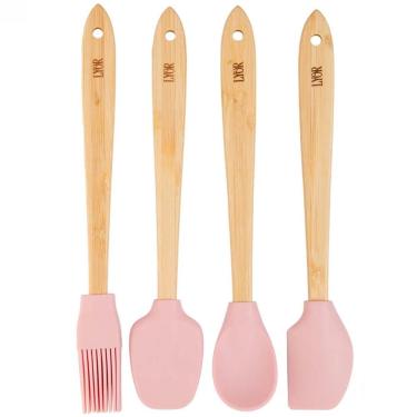 Imagem de Conjunto 4 Utensílios 20cm Silicone Cabo Bambu Rosa Lyor Mini Cozinha Decoração