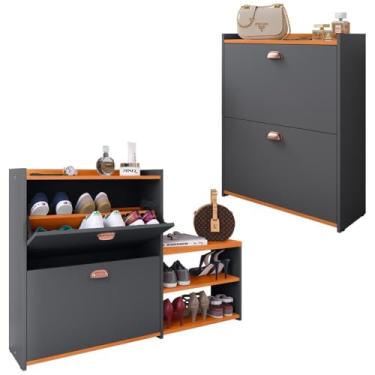 Imagem de Kit Sapateira Milano Closet Prateleira Organizadora Calçados Banquinho Hall Entrada Gaveta Basculante Cinza/Cinamomo - Lojas RPM