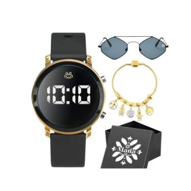 Imagem de Kit Feminino com Relógio Digital Dourado, Pulseira Pandora e Óculos de Sol – Acompanha Caixa Presente Premium