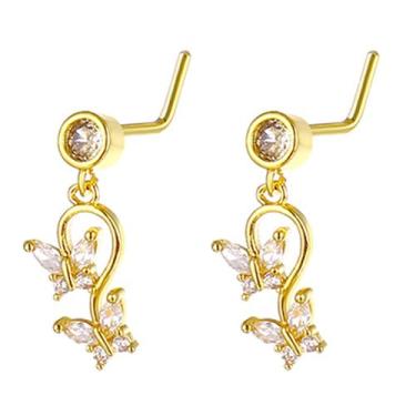 Imagem de Niaspi 2 peças de anéis de nariz de borboleta pendentes para mulheres, borboletas, borboletas, em forma de L, pendentes, narina, nariz, piercing de joias, Small, Cobre Aço inoxidável Strass, Sem Pedra