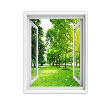 Imagem de Impressão em tela para parede janela floresta verde 3D falsa janela vista paisagem pintura natureza imagem impressão em tela arte de parede para sala de estar 60x80 cm 23.6x78.7 cm sem moldura