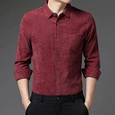 Imagem de Camisas Masculinas De Veludo Cotelê - Camisas Térmicas Masculinas Espessas Outono Inverno Camisas De Veludo Cotelê De Manga Comprida Jaquetas Lapela Vermelha Retrô Masculina Casu, Red, L