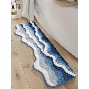 Imagem de Ankah Tapete de banho ondulado de praia, tapete de banheiro antiderrapante, design oceânico, azul e bege, 61 x 91 cm (spray)