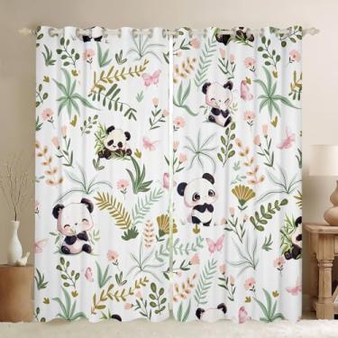 Imagem de Cortina de janela de panda fofa, kawaii, preto, branco, folhas de panda para meninas, meninos, desenho animado, rosa, borboleta, tratamento de janela, cortinas para escritório e casa, 106 cm L x 230