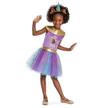 Imagem de Fantasia de unicórnio afro, vestido de fantasia infantil oficial de Halloween com faixa de cabeça, tamanho infantil (4-6x)