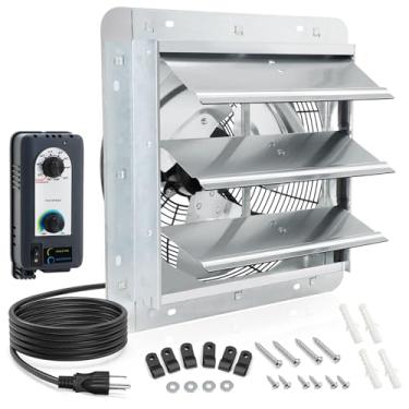 Imagem de Exaustor de obturador de 30,5 cm com controle de velocidade e termostato, área de cobertura de 1400 metros quadrados, 960 CFM, ventilador de ventilação de sótão de montagem na parede para ventiladores