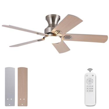Imagem de KENSID Ventiladores de teto de níquel escovado de 106 cm com luzes e controle remoto, ventilador de teto moderno de baixo perfil interno e externo com luz para quarto, 5 lâminas, luz LED regulável