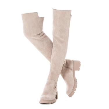 Imagem de N.N.G Botas femininas acima do joelho até a coxa camurça preta bloco baixo 5 cm salto grosso acima do joelho inverno bico fino, Sola creme/saliente, 35