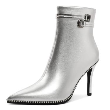 Imagem de Soireelady Bota feminina de cano baixo, bico fino, salto alto, com contas, stilettos, botas curtas com fivela de metal, zíper lateral, bota de 10 cm, Prata fosca, 38