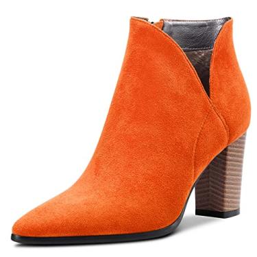 Imagem de DearOnly Bota feminina curta, cano baixo, bico fino, salto alto, camurça, vintage, clássico, com zíper, 7,6 cm, Laranja, 36