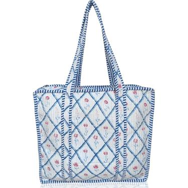 Imagem de Third Eye Export Bolsa feminina acolchoada de algodão estampada à mão – Bolsa feminina grande 45,7 x 40,6 cm, laptop, viagem e praia essencial (estampa vermelha Icewind)