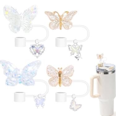Imagem de Toppers de palha de borboleta, 8 peças de capas de palha rosa compatíveis com copos Stanley de 30 e 1,134 g com ornamento de clip-on, acessório bonito para garrafa de água esportiva (borboleta branca)