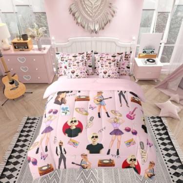 Imagem de Conjunto de cama queen size para meninas, cantora, para mulheres, para amantes de música, guitarra, conjunto de cama de 7 peças, com edredom, lençóis, fronha, capa de almofada, rosa