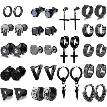 Imagem de HDHDFDN 18 pares de brincos masculinos punk pretos de aço inoxidável conjunto de brincos meiyuan de aço cirúrgico para homens e mulheres, brincos de orelha, argolas e pingentes, Aço inoxidável, Sem