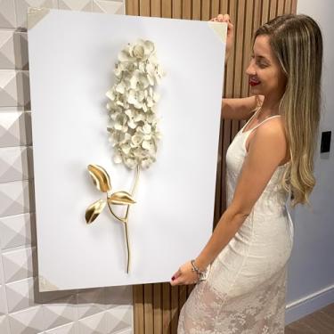 Imagem de Quadro Decorativo Canvas Flores Brancas e Douradas Vertical (CAN2589)
